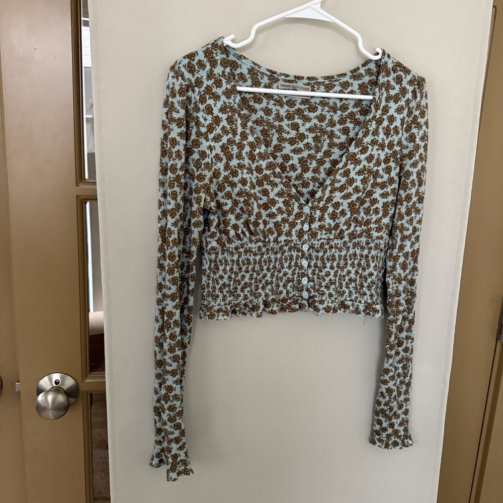 Urban Outfitters Women's Medium Blue Brown Floral V-Neck Long Sleeve‎ Crop Top